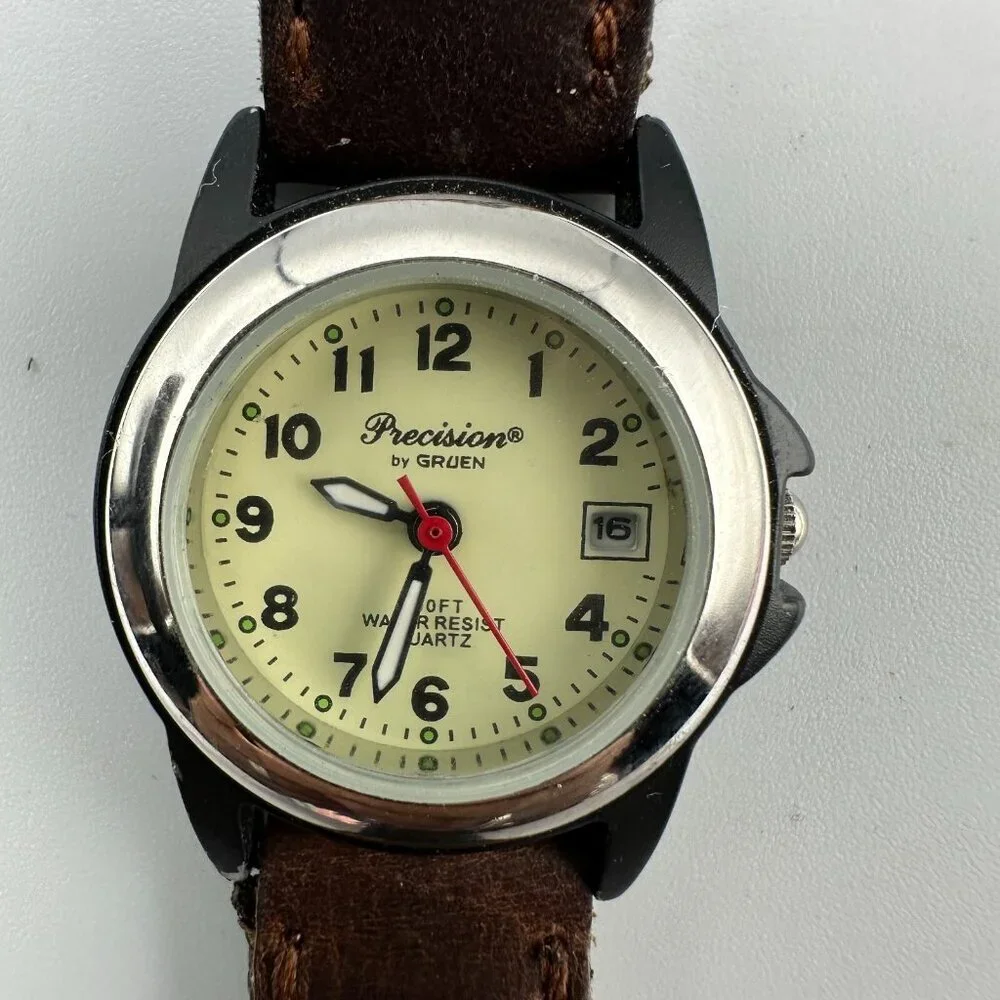 3/$30 Precision by Gruen Watch Women Date Window Black Brown Band New Battery 8